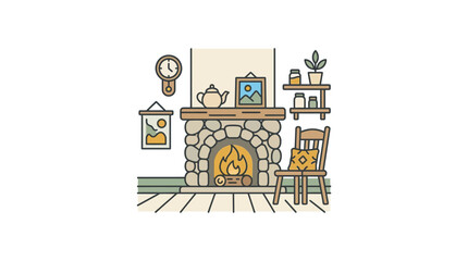 Fototapeta premium Cozy stone fireplace interior with wooden chair and wall decorations.