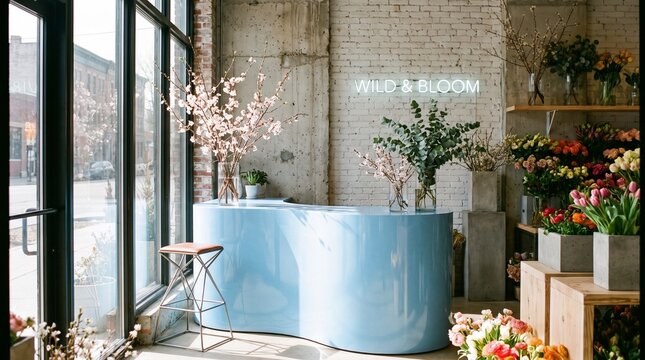 Luxury blue bathtub in bright modern floral studio with elegant decor and natural light