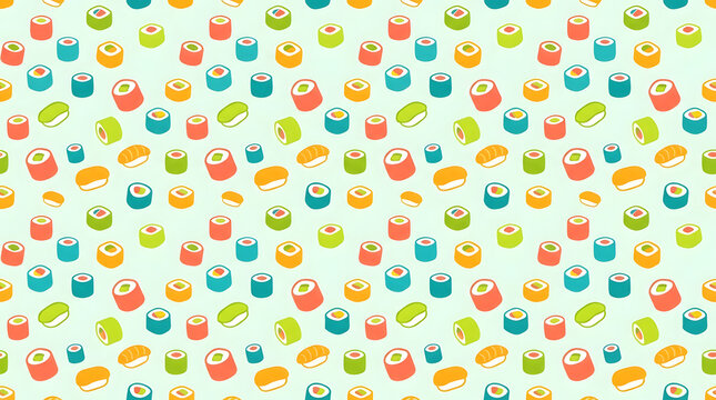 Colorful sushi roll icons seamless pattern on green.