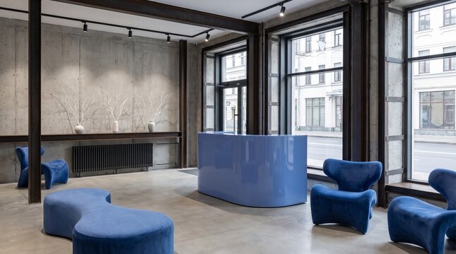 Modern corporate lounge with blue modular seating and large windows for office waiting area design