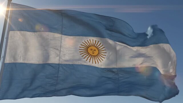Argentinian Flag Waving in Sunny Sky, Symbol of National Pride