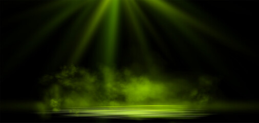 Obraz premium Realistic lime green smoke or haze, overlay overlay effect on a dark background, magic fog, vapor on floor. Abstract vector illustration