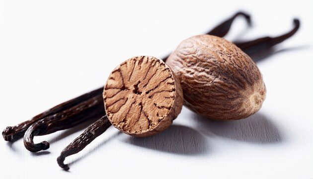 whole and halved nutmeg with dark vanilla beans