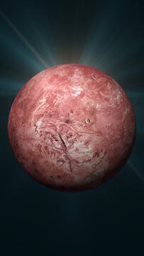 Red dwarf Makemake planet rotating in deep space with light rays and distant stars background.