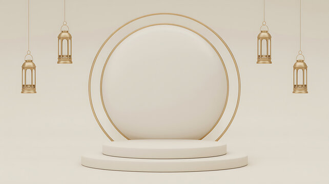 White empty product display podium with circular arch backdrop and hanging gold ramadan lanterns
