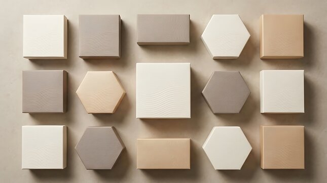 Set of geometric shapes and boxes in neutral beige and cream colors arranged in a pattern. premium cosmetic boxes