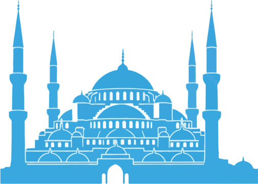 Minimalist blue graphic illustration featuring detailed mosque silhouette architectural landmark design isolated white background commercial asset