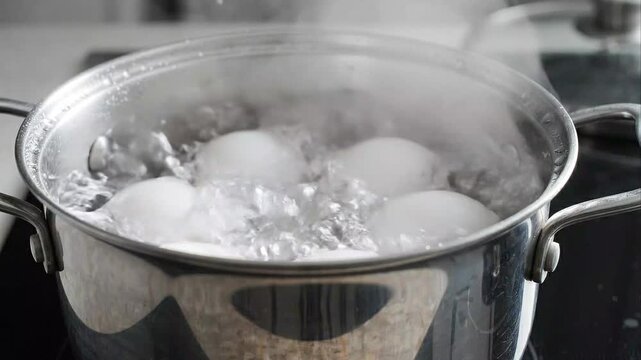 Eggs Boiling in Bubbling Hot Water Inside Clear Glass Pot on Stove