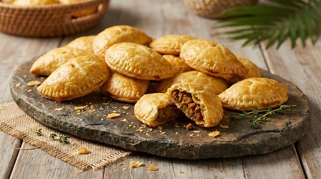 Freshly baked meat empanadas served on a rustic stone board for a delicious homemade snack or appetizer. Jamaican Cuisine