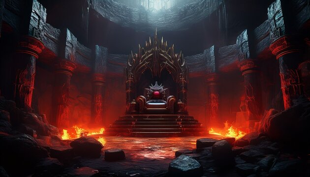 demonic throne room beneath ancient ruins with lava and black stone architecture