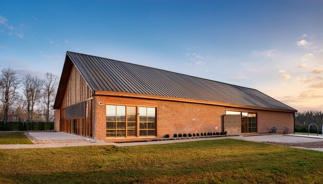 modern barn style architecture features unique design with combination of wood and brick materials structure sloped roof and large windows creating warm