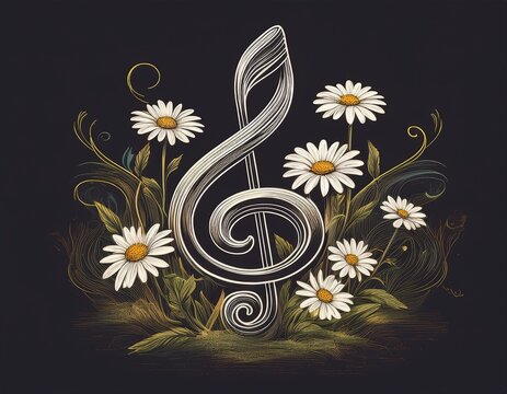 a simple and clean line art depiction of a treble clef growing into a small daisy flower