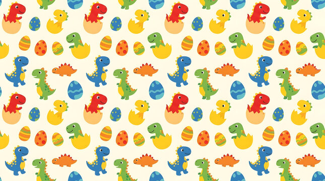 Cute baby dinosaur hatching from eggs seamless pattern.