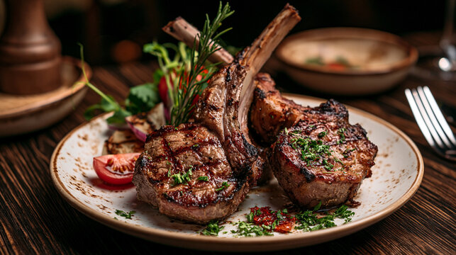 Juicy grilled lamb chops served with fresh herbs and tomatoes on a rustic plate. Perfect for gourmet restaurant menus and fine dining advertising.
