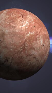 Red dwarf planet Makemake rotating in deep space with cratered surface and dark background
