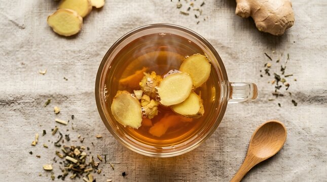 Steaming ginger tea in a glass cup on a rustic cloth background