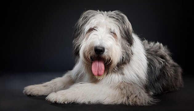 old english sheepdog lying down with tongue out