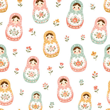 Cute Russian matryoshka nesting doll seamless pattern pastel folk background vector illustration