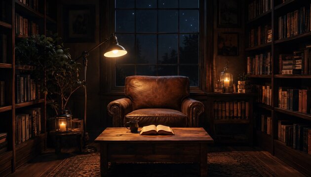Cozy home library with leather armchair and books at night