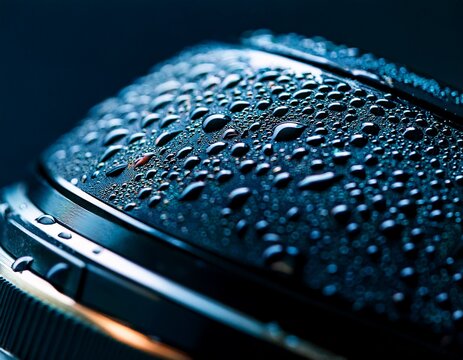 close up of lens covered in water droplets against dark background macro photography