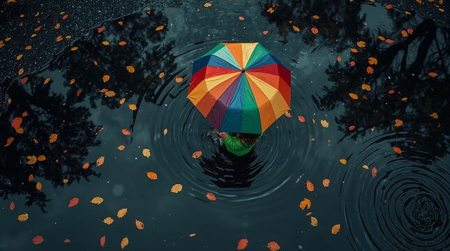 Child holding colorful umbrella in autumn rain puddle with tree reflections and falling leaves from above