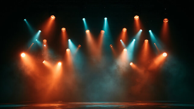 Stage performance lights with colorful beams and haze in a dark venue. High energy concert atmosphere perfect for music event marketing.