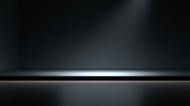 Minimalist dark empty studio room with a sleek stage illuminated by a single spotlight. Perfect backdrop for product display and commercial presentations.