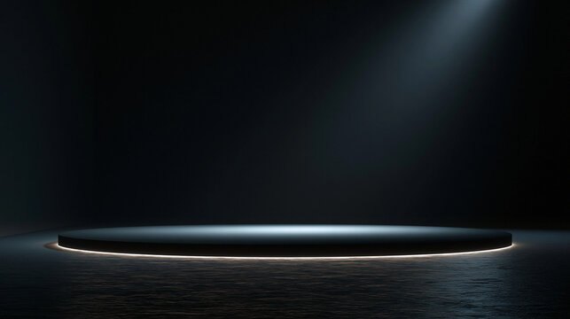 Dark circular podium with illuminated edge and spotlight, dramatic mood.
