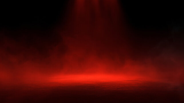 A single intense red spotlight illuminates thick swirling smoke on a dark stage. Ideal for concert mood themes or dramatic theatrical lighting effects.