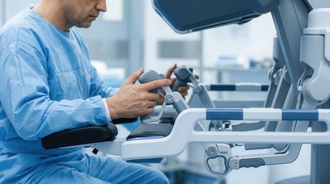 A surgeon's hands controlling a medical robot during a robotic surgery procedure.