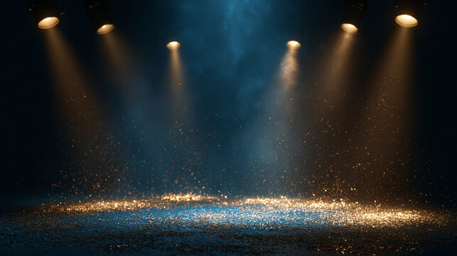 Dramatic stage spotlights illuminate a dark floor with sparkling golden particles falling. Perfect for award ceremonies, gala events, or luxury product launch concepts.