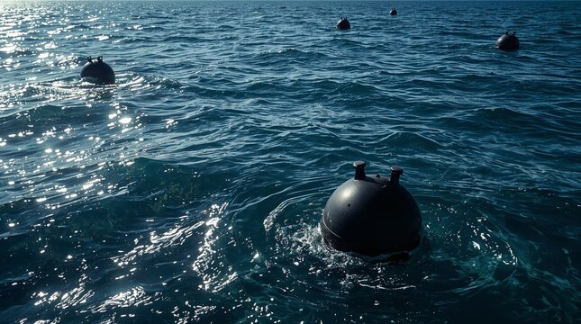 Naval mines floating on ocean waves, a symbol of danger, conflict, and lurking threats at sea