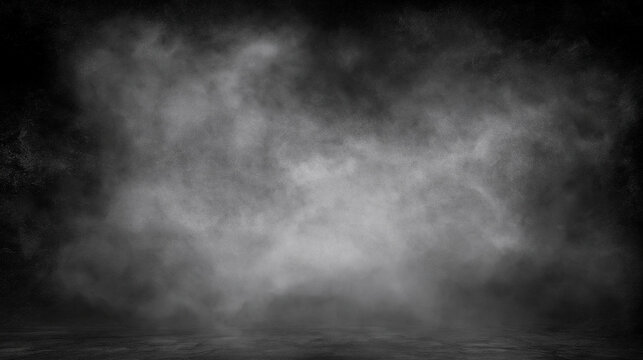 Dense mysterious smoke filling a dark environment with a textured floor below. This dramatic dark scene is perfect for horror concepts and atmospheric overlays.