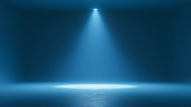 A single bright blue spotlight beam shines onto a dark concrete floor. This minimalist setting is perfect for product display or atmospheric event concepts.
