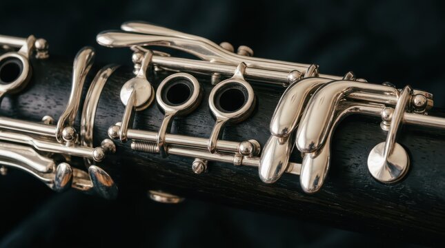 Close-up detail of a professional clarinet woodwind instrument against a dark background