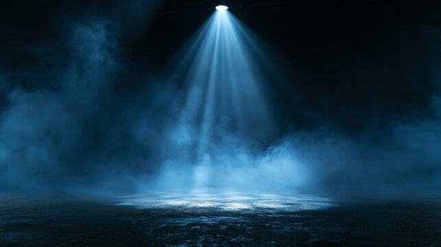Bright spotlight shining down onto a dark smoky stage floor. Create a dramatic effect for concert backgrounds, theatrical stage design, or product presentation displays.