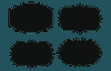 Fototapeta premium set of four vintage ornate black frames with bright cyan stitched borders isolated on dark background for retro labels and badge designs