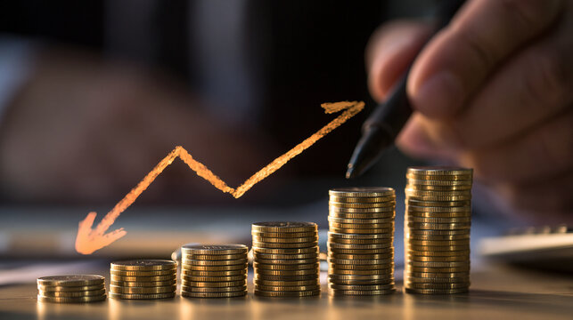 A businessman draws a declining trend line above growing stacks of coins. This represents financial loss, economic crisis, or business investment risk concepts.
