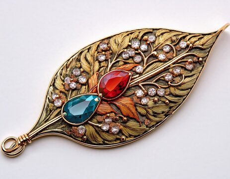 isolated antique leaf brooch with gem vintage jewelry metal pin decoration gift idea