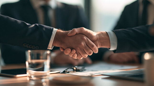 Business partners shaking hands over a meeting table in a professional office setting. A clear symbol of partnership and successful corporate deal negotiation.