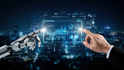 Obraz premium Robotic hand and a human hand touching a glowing digital interface with financial charts and data analytics against a blurred night city background