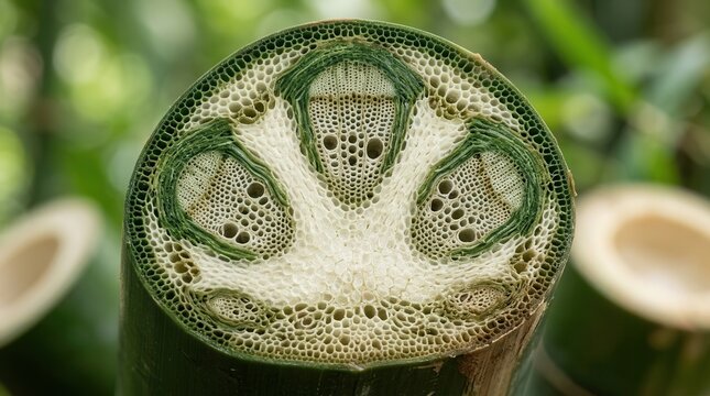 Interior cross-section of a bamboo culm revealing phloem sieve tubes, xylem vessels, and vascular bundles within parenchyma tissue and sclerenchyma fiber sheaths