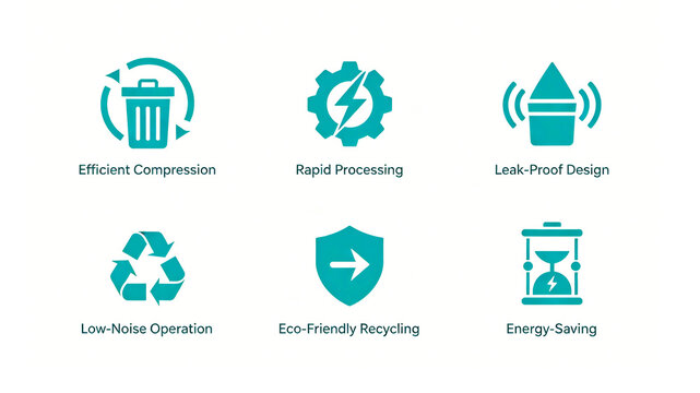 Blue linear garbage equipment icon kit, representing noise reduction compression and energy-saving recycling concepts, suitable for promoting smart garbage bin products.
