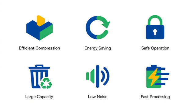 Flat garbage device icon collection, representing the concept of low noise, large capacity, and safe compression, suitable for smart garbage collector e-commerce posters.
