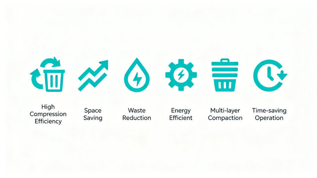 Minimalist garbage disposal icon set, representing the concept of compression and space saving, suitable for home garbage disposal e-commerce image matching.
