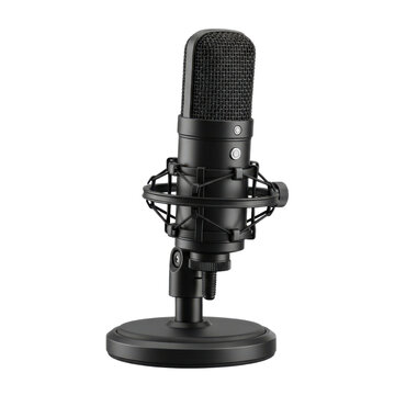 Professional black condenser microphone with shock mount on a clean white background