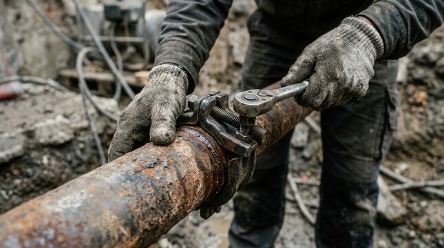 A gloved technician using a clamp to repair a corroded pipe joint, illustrating trenchless pipe lining for infrastructure renewal.