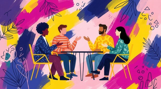 An abstract scene featuring four diverse individuals around a small table, representing shared ideas, multicultural teamwork, and corporate inclusion.