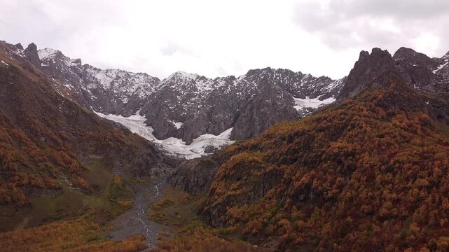 Aerial View of Kholodny Glacier and Bzerpinsky Cornice in Autumn, Krasnaya Polyana, Russia