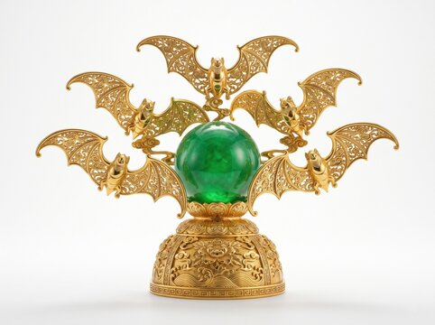 A sophisticated Chinese feng shui sculpture featuring five golden pure bats representing five blessings flying from an emerald jade sphere above an ornate golden pedestal

